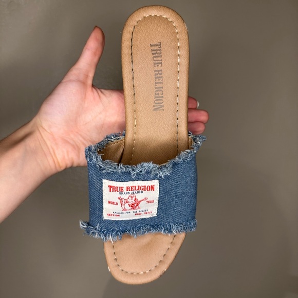 Deadstock True Religion Pump Thick Wedge Heel Frayed Denim - Picture 4 of 4